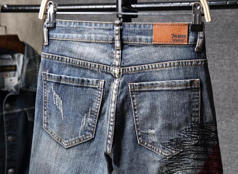 Spring and Autumn fashion trend printed straight-leg stretch denim jeans for men comfortable casual sports high-quality jeans