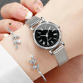 2PCS Fashion Women Quartz Watch Steel Mesh Band Watches Opening Cuff Bracelet Bangle Set（Without Box）