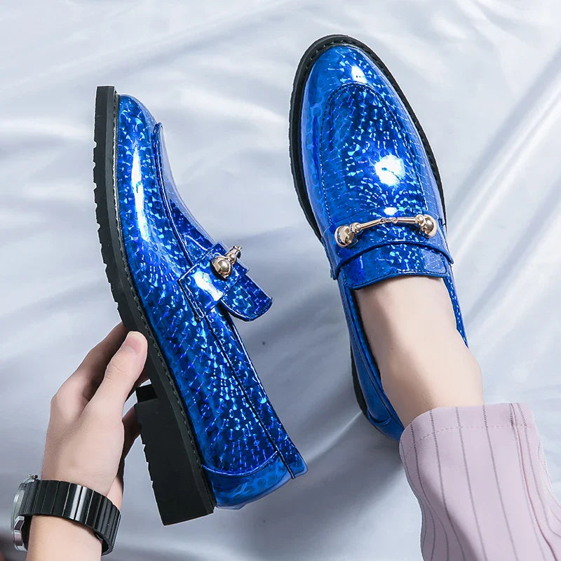 Men's Glossy Leather Shoes European American Luxury Blue High-end Banquet Loafers Commuting Party Dress Formal Shoes Size：38-46