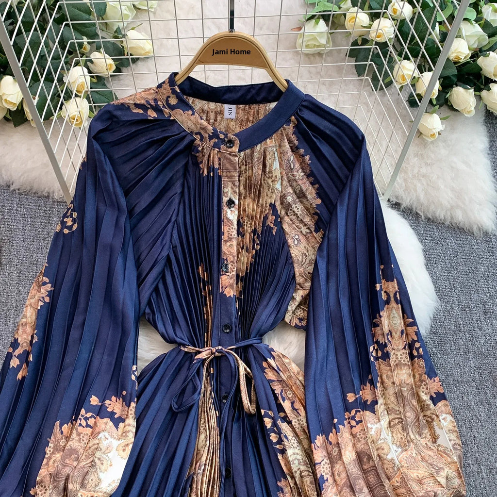 Printed round Ne Lantern Sve Dr Women's Single Button Waist Cinch Maxi Skirt Long Dr Commute Sle Autumn