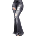 Women Flared Pants High Waist Pockets Ripped Holes Bell Bottom Trousers