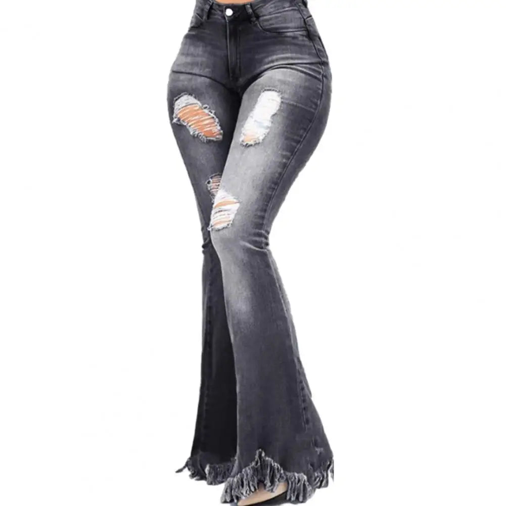 Women Flared Pants High Waist Pockets Ripped Holes Bell Bottom Trousers