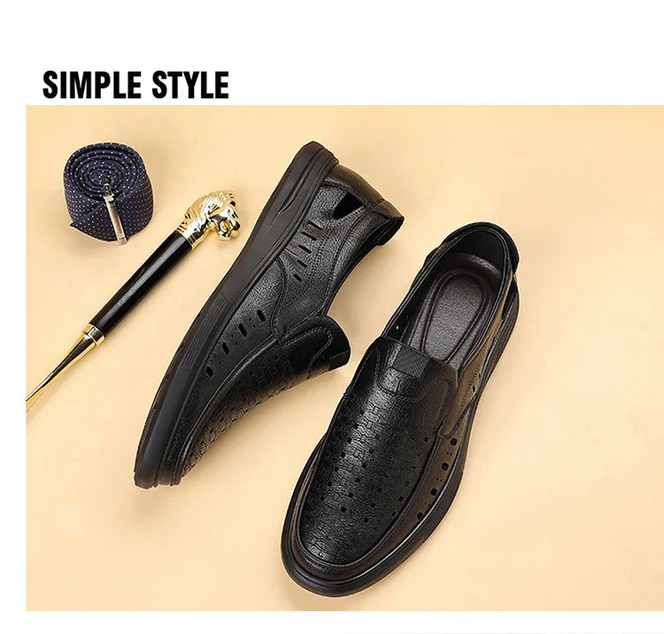Spring Summer New Hallow Breathable Loafers for Men Fashion Casual Leather Shoes Male Solid Color Soft Sole Designer Shoes Man