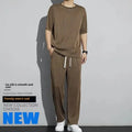 High-End Ice Silk Men's Sports Suit Casual Home Use Long Pants Short Sleeves Quick Drying Top Set Summer Collection