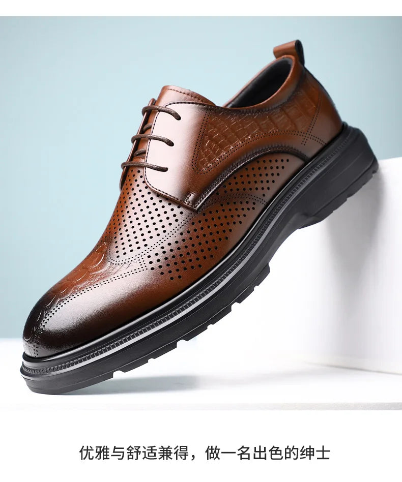 2026 Summer New Men's Cow Leather Oxford Shoes Hollow Out Formal Business Dress Shoes Male Non-slip Fashion Platform Shoe Man