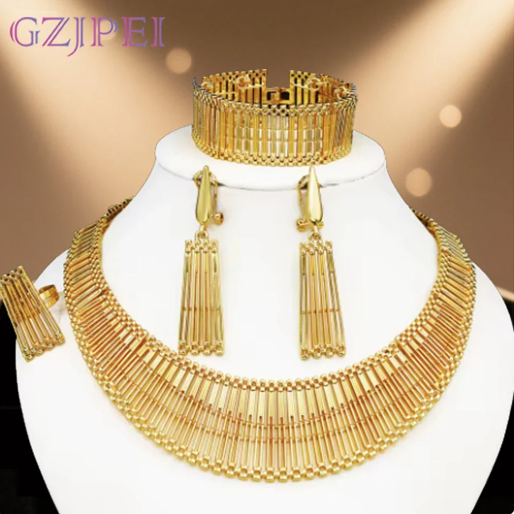 Luxury 18K Gold Plated Jewelry Set Italy Dubai Necklace Earrings Bracelet Ring For Women Mother's Day Gift ﻿