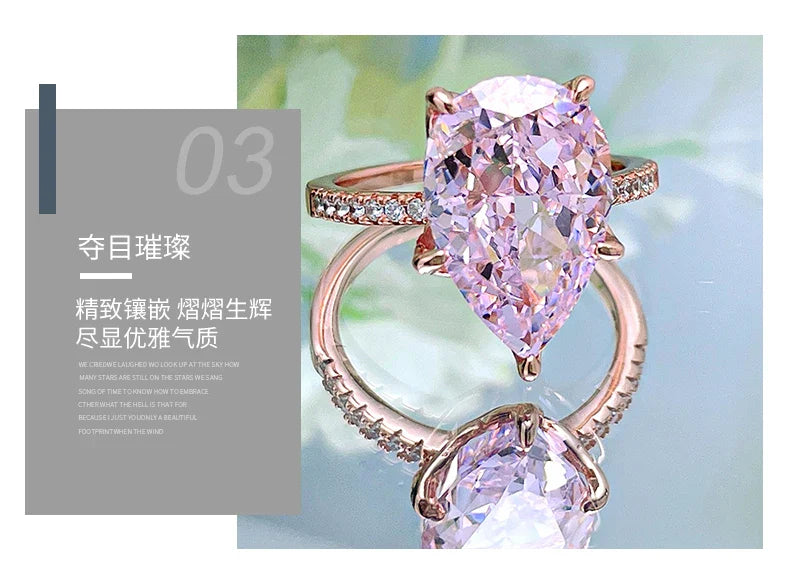 Fashionable, niche, high-end,versatile 925 sterling silver droplet pink diamond ring inlaid with high carbon diamond temperament