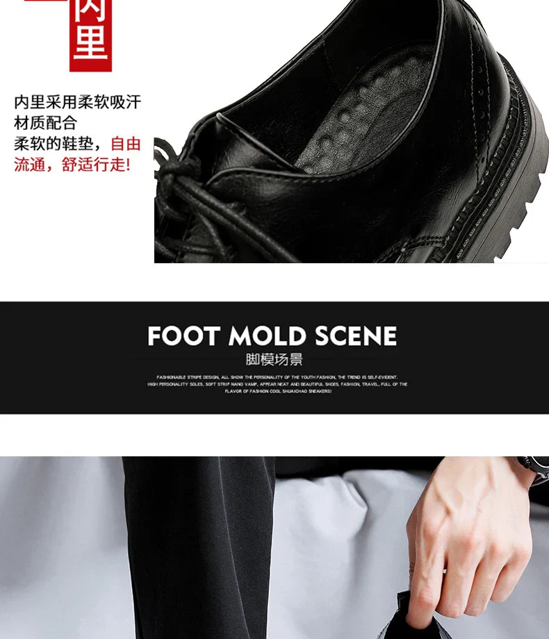 Men Korea Leather Platform Oxfords Slip on Thick Tottom for Male Derby Shoes Casual Loafers Mens Square Toe Formal Dress Shoes