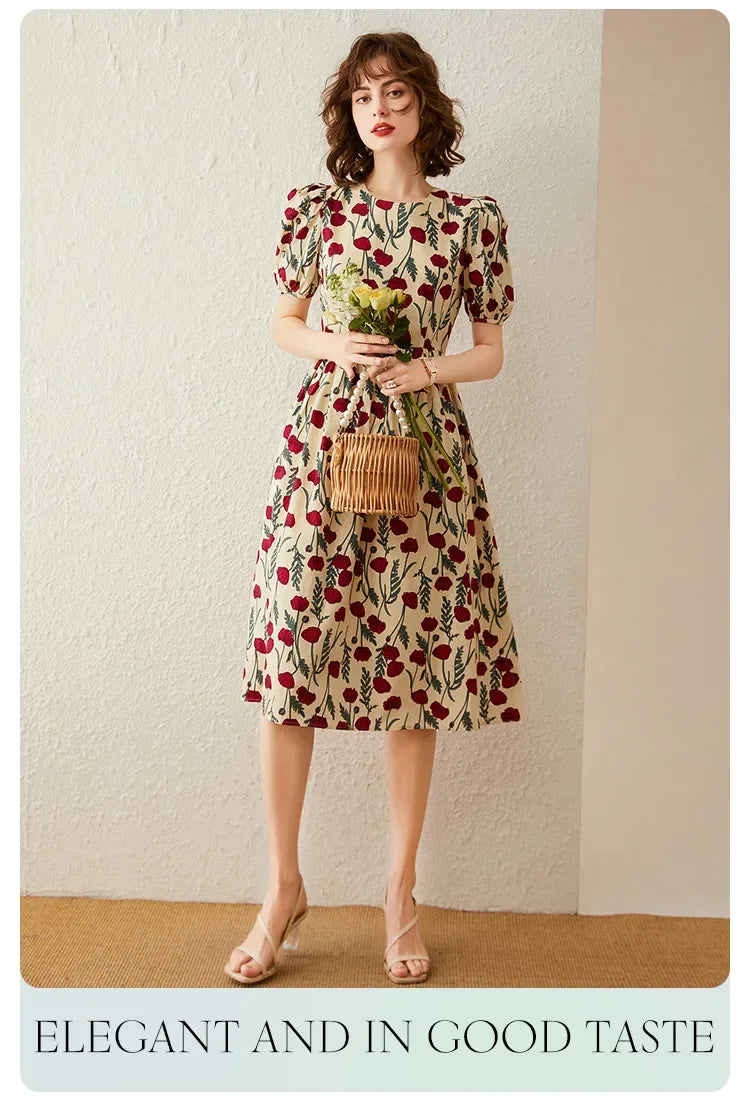 French Floral Print Dress Women 2026 Summer Round Neck Puff Sleeve Fitted Long Dress Casual Streetwear Outfits