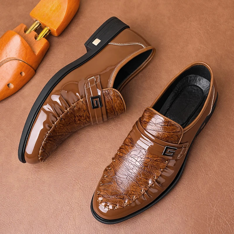 Men's Brown Crocodile Pattern Dress Shoes Patent Leather Slip-on Loafers Formal Business Wedding Oxfords for Men