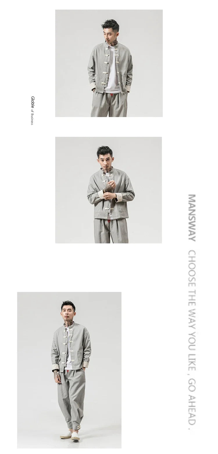 Kung Fu Coat Man Chinese Traditional Retro Autmn Long Sleeve Tang Suit Mandarin Collar Buckle Jacket Men Oriental Cotton Shirt