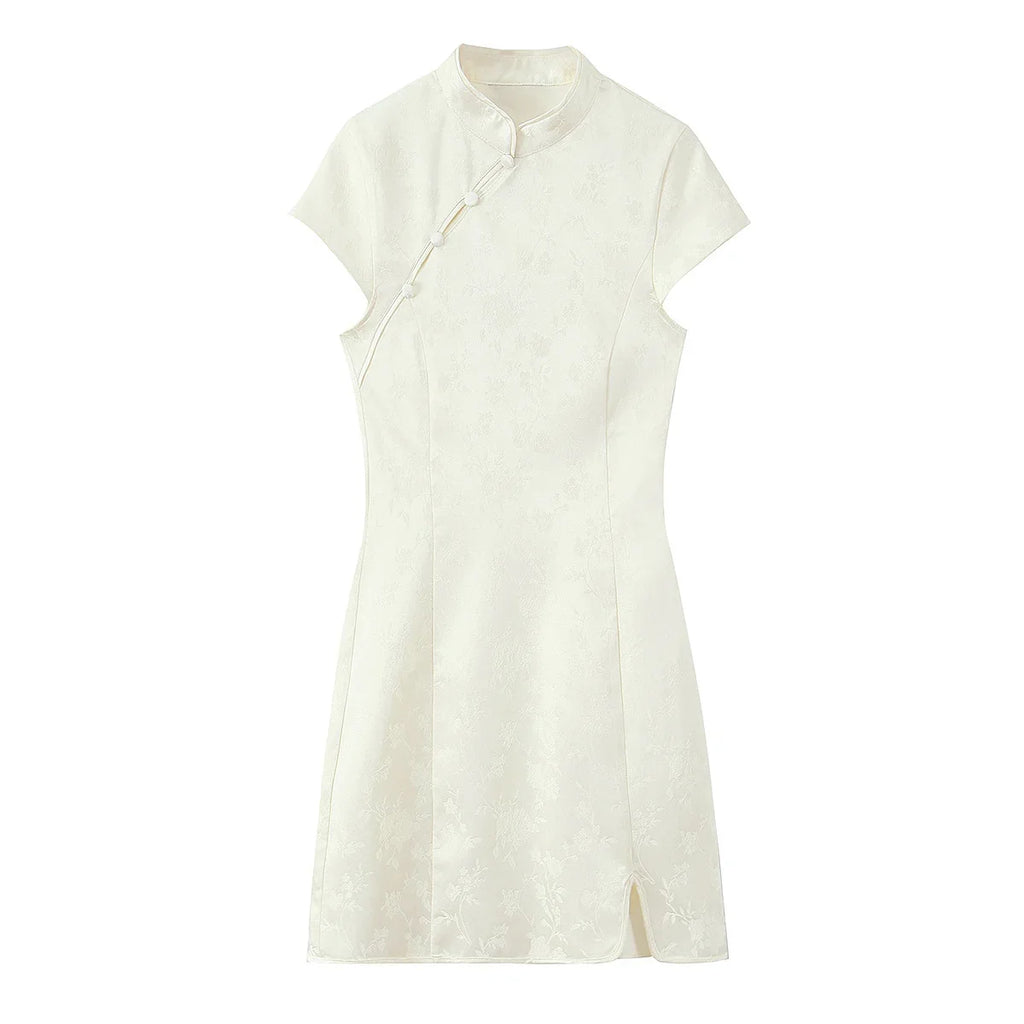 Women Fashion Jacquard Short Dress Short Sleeve Zipper Asymmetric Button Decoration Mini Dress Woman Elegant Party Dress