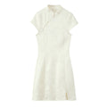 Women Fashion Jacquard Short Dress Short Sleeve Zipper Asymmetric Button Decoration Mini Dress Woman Elegant Party Dress
