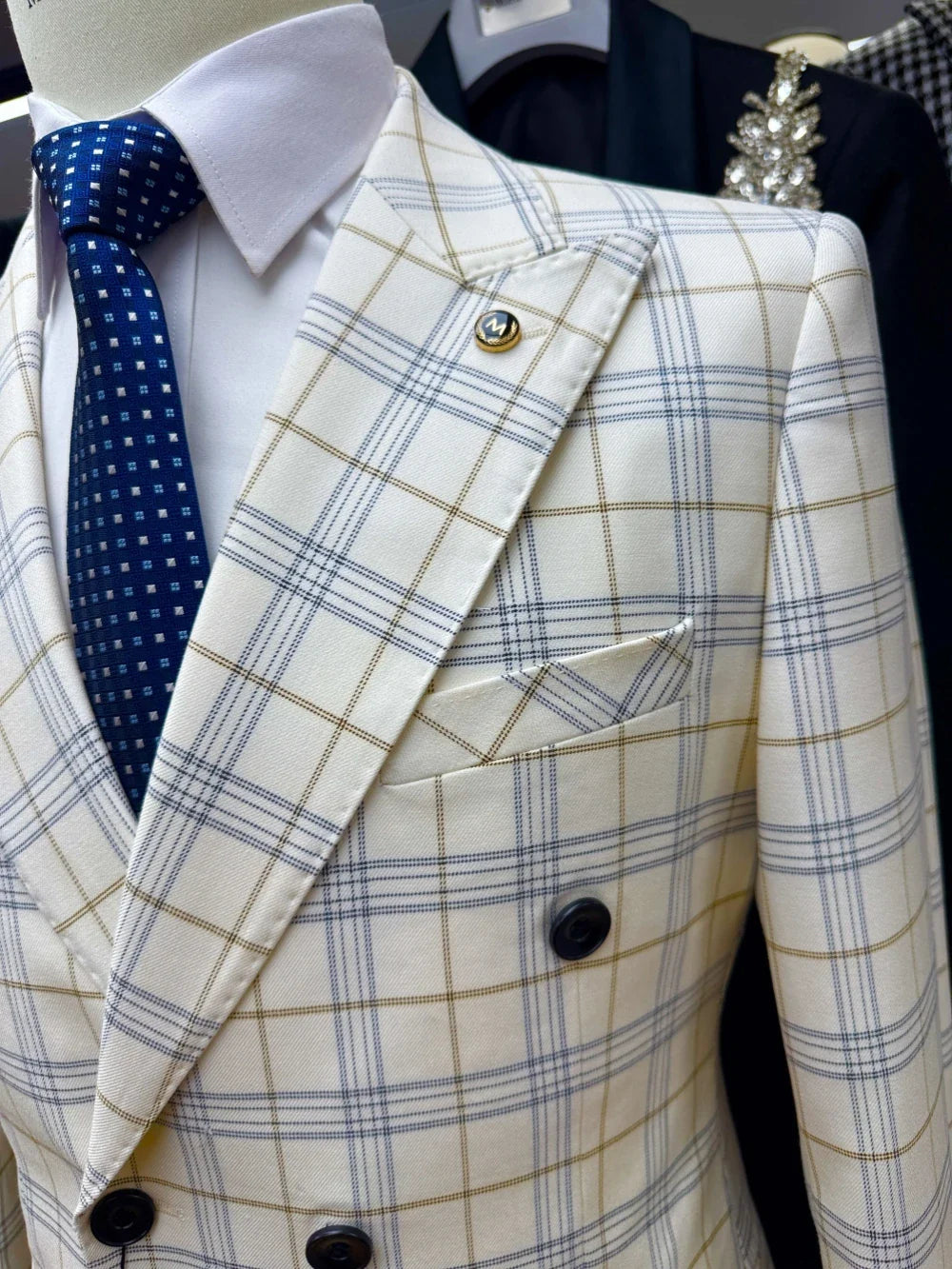 Classic Handsome Plaid Suit Set 2 Pieces For Men Business Outfit Double Breasted Men's Slim Fit Suits Wedding Groom Sets