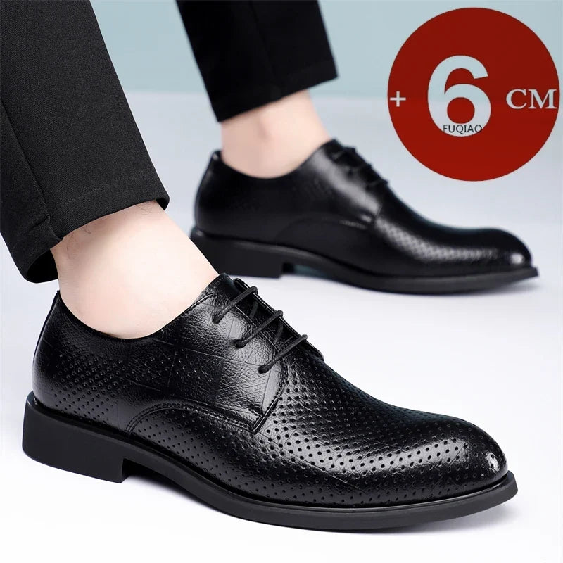 Men Spring Summer Hollow Out Breathable Elevator Shoes 6cm Hidden Height Increasing Business Formal Dress Office Wedding Shoes