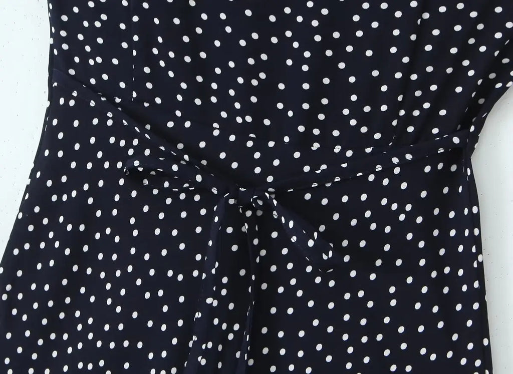2025 Women Navy Blue Polka Dot Long Dress Lace Trim V Neck Short Sleeve A-line Elegant Holiday Dresses Summe Maxi Robe
