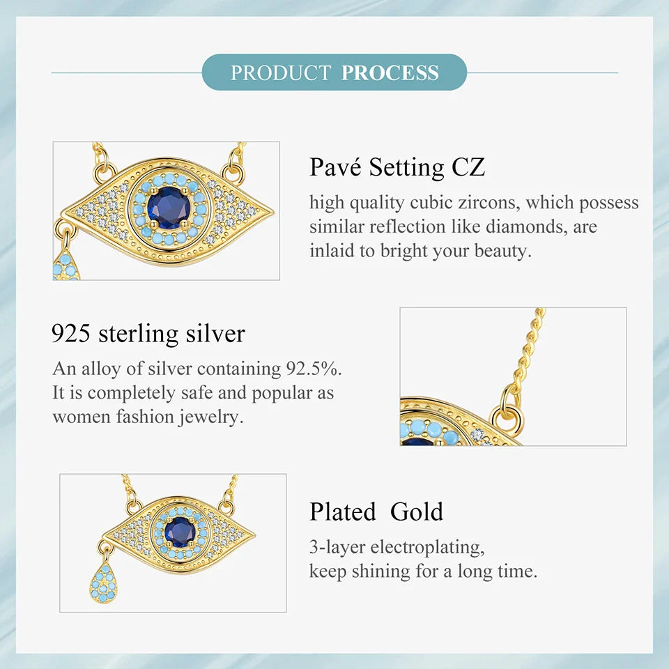 925 Sterling Silver Evil Eye Necklace 18K Gold Plated Teardrop Pendant Blue Zirconium Turkish Protection Jewelry for Women