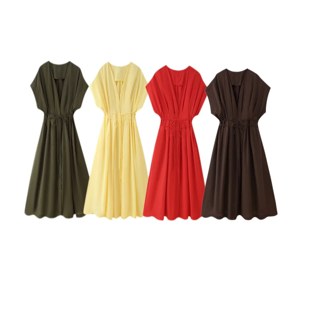 2026 Spring Summer Vintage Women Dress Fashion Single Breasted Sashes Draped V Neck Sleeveless Chic Brown Ladies Dresses