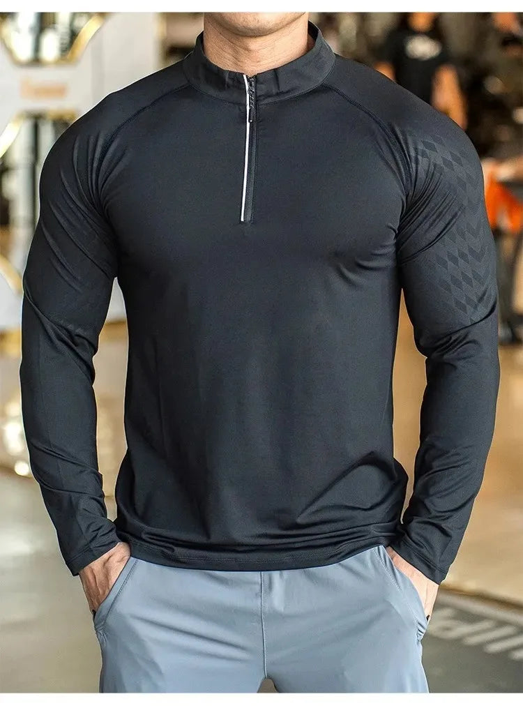 New Autumn Winter Running Gym Men Shirt Long Sleeve Tees Elastic Fit Sports Training Fitness Quick Dry Zip Collar Polo T Shirt