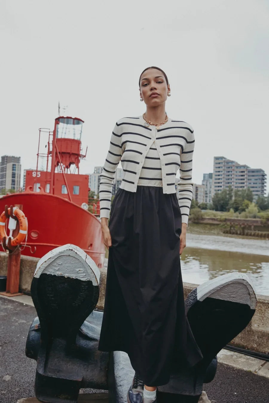 AW25 stripe knitting cardigan + sleeveless patch dress maxi matching set for woman clothing
