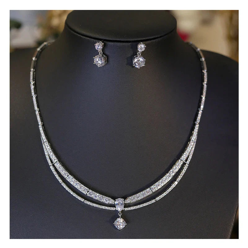High Quality Cubic Zirconia Bridal Wedding Jewelry Water Drop Pedant Necklace 2PCS Set Lady Party Accessories X0654