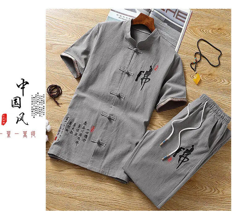 Summer Chinese style Shirts + Pants Dragon Embroried 100% Cotton linen Sportswear Men's Casual Sets Male Fashion Chinese style