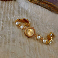 1 Piece of Gold French Fashion and Elegant Women's Pearl Strap Women's Quartz Watch Palace Retro Bohemian Style 30m Waterproof Round Women's Quartz Watch, Suitable for Daily Wear, Vacation Party and Other Occasions