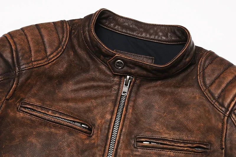 2025 Vintage Camel Yellow Genuine Leather Jacket Real Natural Cowhide Men Motorcycle Biker Coat Mens Slim Calf Skin Coat