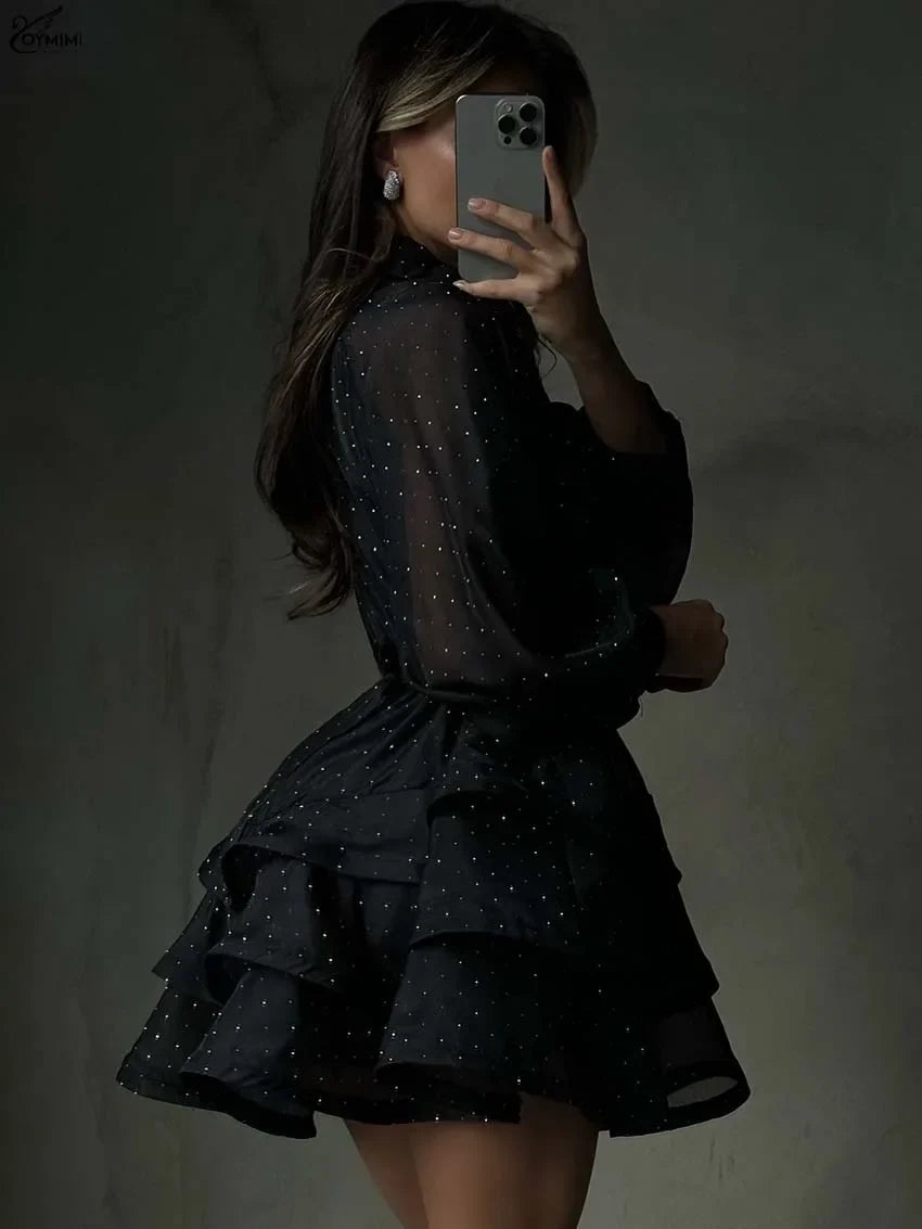 Fashion Black Rhinestone Women's Dress Casual Lapel Long Sleeve Button Dresses Elegant New Lace-Up Pleated Mini Dresses