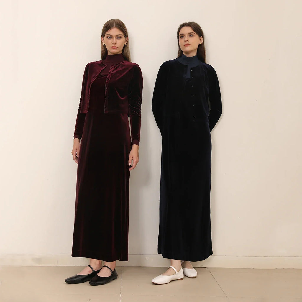 2025 Autumn and Winter Women Velvet Cardigan and Strap Dress Elegant Lady Clothes Ribbed Modal Shirt Customized Three Colors