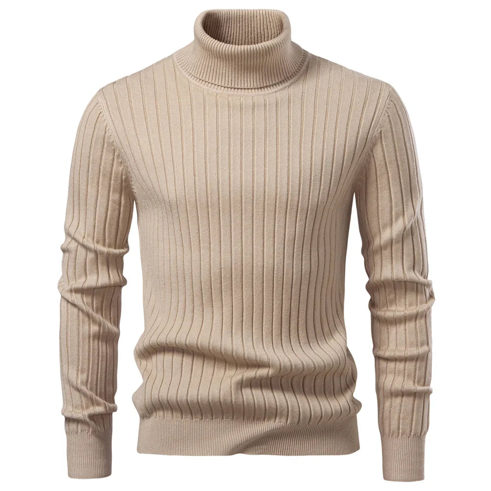 Men's Turtleneck Sweater Solid Color with Striped Pullover Warm Knitwear Winter Basic Casual High Quality Sweater Male