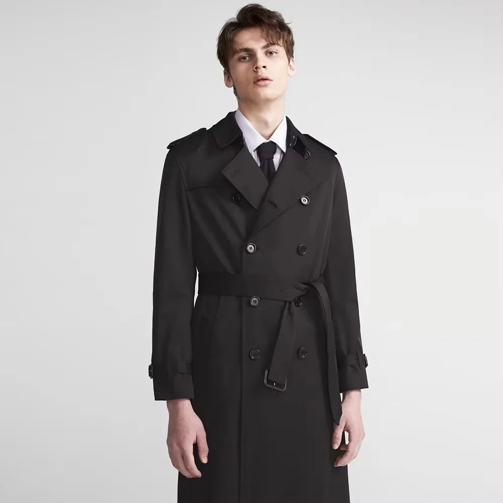 Spring Autumn Long Chic Khaki Trench Coat Men Belt Double Breasted Elegant Luxury British Style Black Overcoat 2025