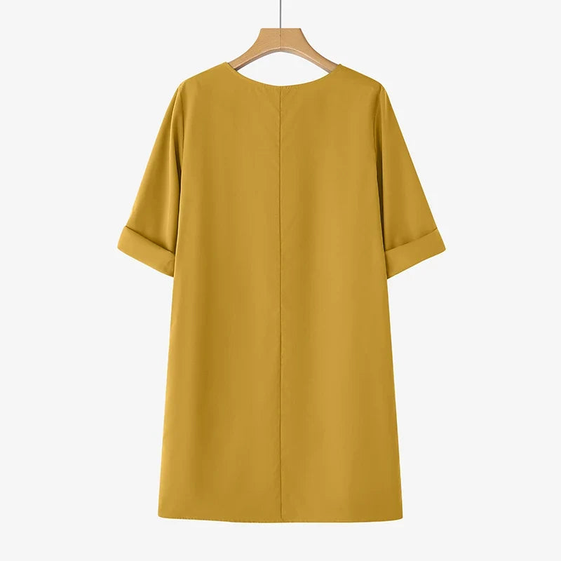 Elegant Women Party Dress 2026 Summer Fashion 3/4 Sleeve Casual Shirt Vestidos Pockets Loose Solid Knee-length Sundress