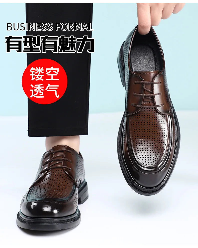 New Lace Designer Derby Shoes for Man Hallow Breathable Business Casual Leather Shoes Male Summer Autumn Fashion Dress Shoe Man