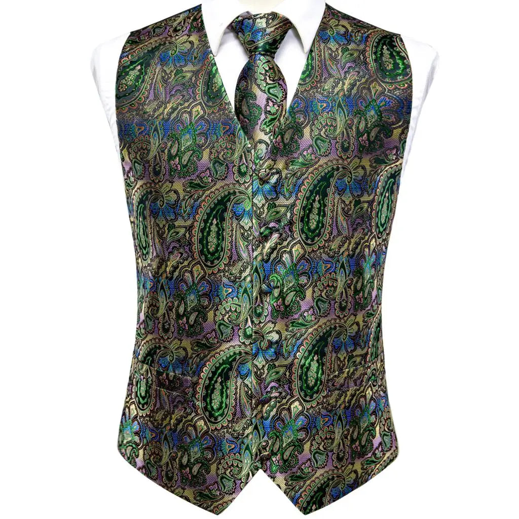 Luxury Mens Vests Black Gold Floral Jacquard Waistcoat Tie Hanky Cufflinks Brooch Set for Men Suit Wedding Office XL