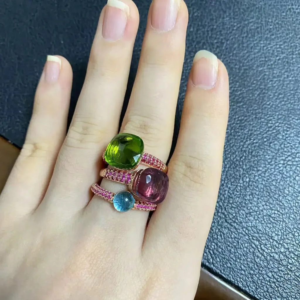 3Pcs/Set Nudo Ring Stacking Set for Women Mix Color Candy Crystal Inlay Zircon Amethyst Blue Topaz Round Jewelry Gift