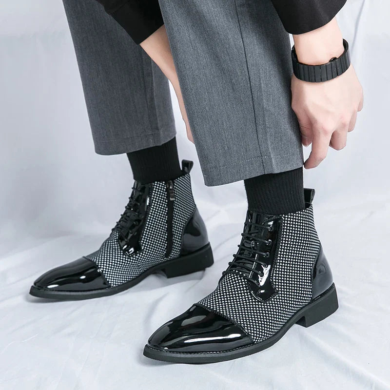 New Fashion Male Pointed Mixed Patchwork Lace Up Ankle Boots Men Casual Luxury High Top Platform Shoes Zapatos Hombre