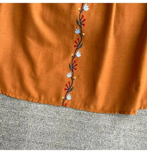 Retro Ethnic Sle Long Sve Embroidered round Ne A-Line Cotton Linen Dr Slimming Waist Cinched Ele Long Dr