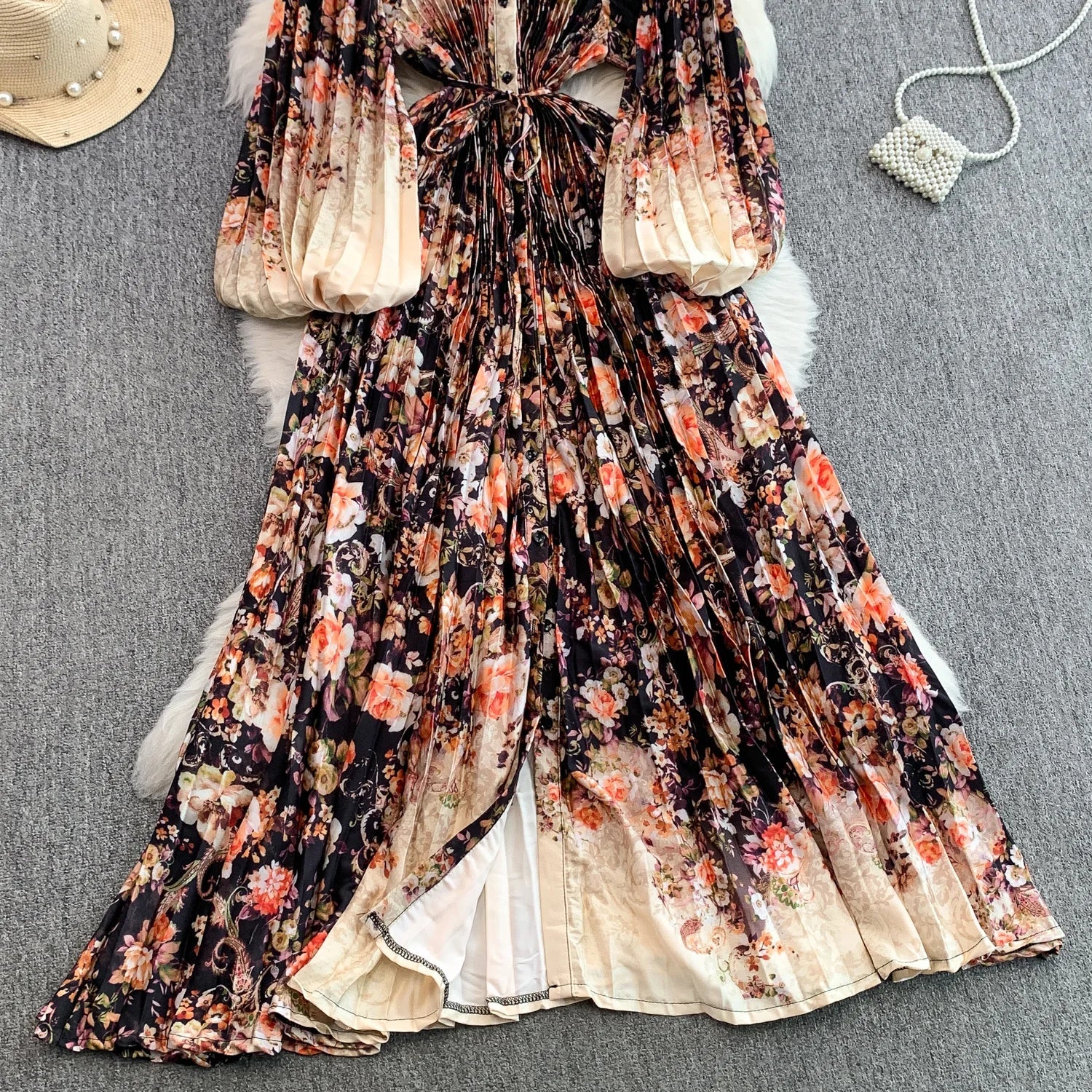 Printed round Ne Lantern Sve Dr Women's Single Button Waist Cinch Maxi Skirt Long Dr Commute Sle Autumn