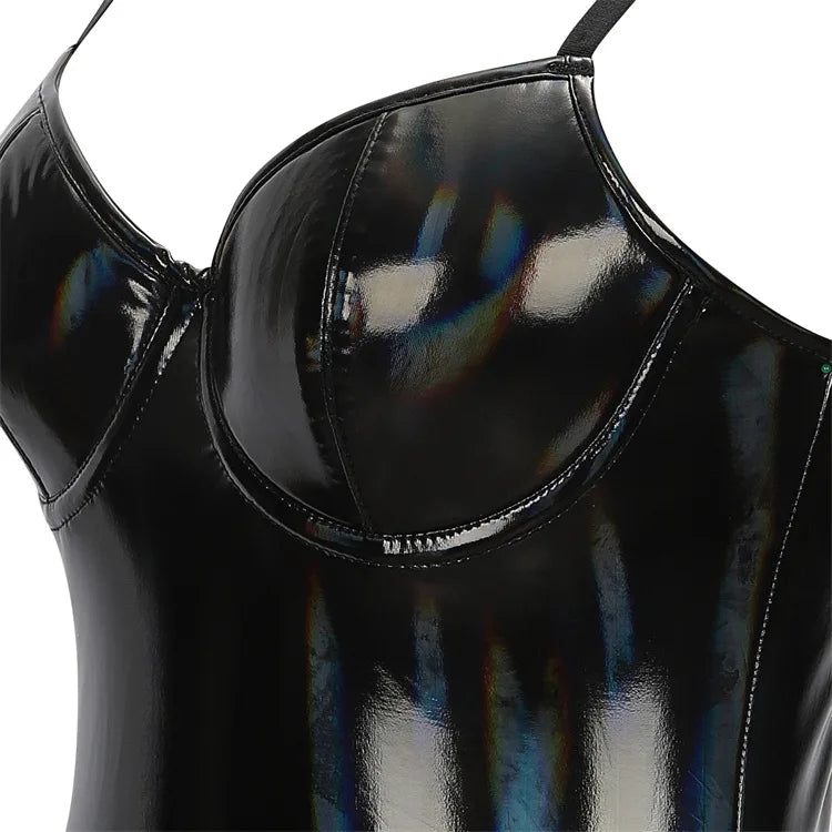 Wet Look Shiny PU Leather One-piece Bodysuits Women's Lingerie Swimsuit Spaghetti Strap Bra Push Up Overbust Corsets