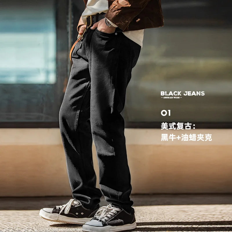 Men Baggy Denim Jeans American Retro Pure Black Mid-waist Jeans