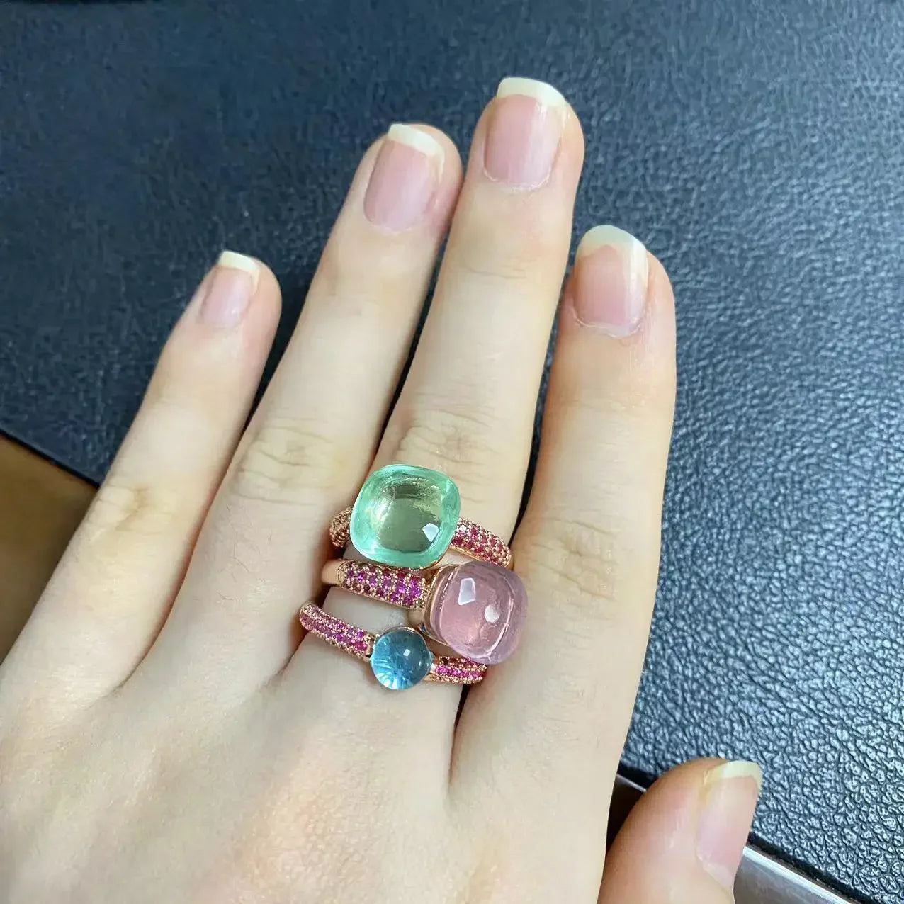 3Pcs/Set Nudo Ring Stacking Set for Women Mix Color Candy Crystal Inlay Zircon Amethyst Blue Topaz Round Jewelry Gift