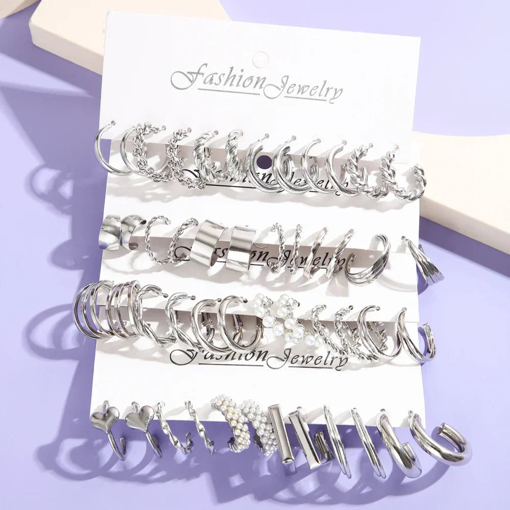 24 Pairs Silver Color Pearl Twist Hoop Earrings Set Metal Heart Dangle Earrings Vintage Circle Geometric for Women Girls Jewelry