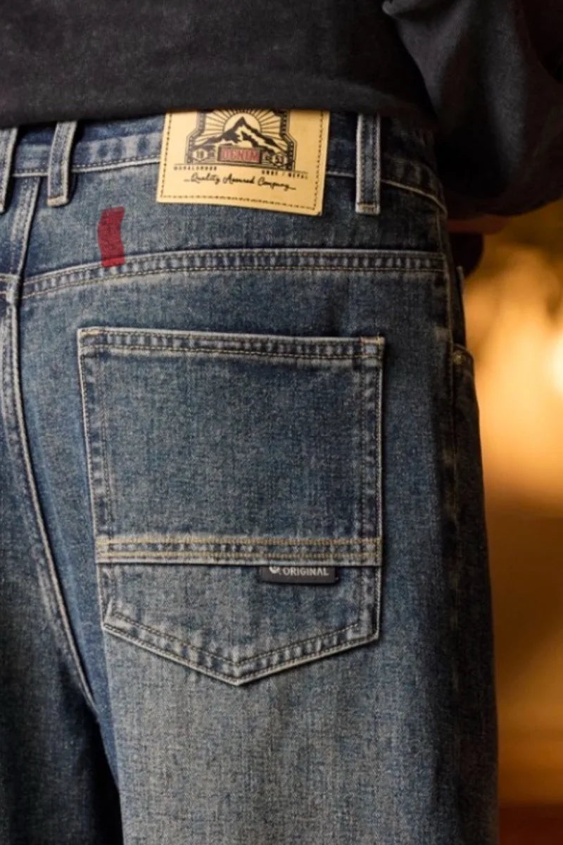 Mens Elastic Waist Jeans Relaxed Fit Men's Blue Jeans with Elastic Waist with Zipper and Button