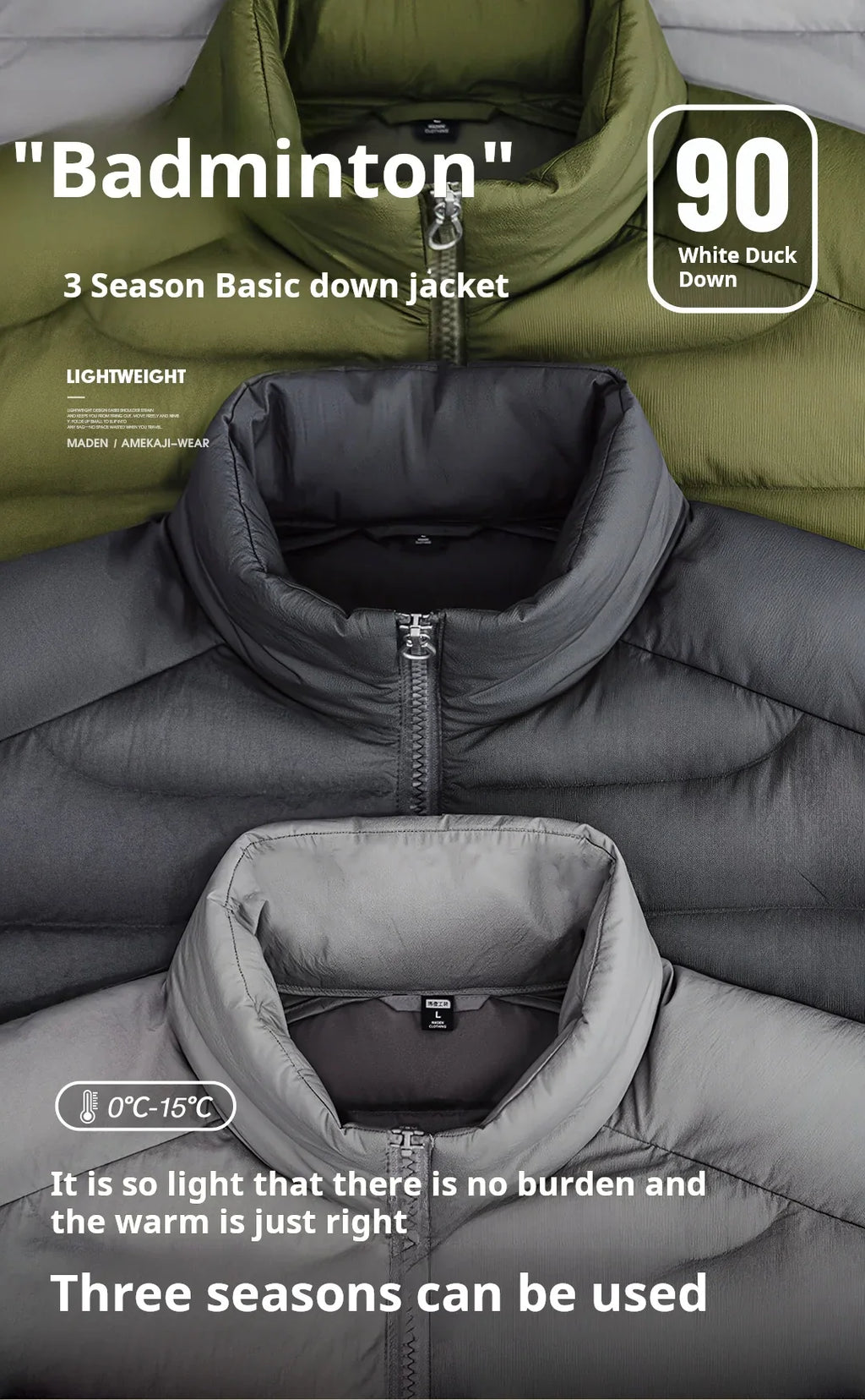 Winter Men's Stand-up Collar Down Jacket Lightweight Hydrophobic White Duck Down Filling Coat Warm Inner Layer for Fall