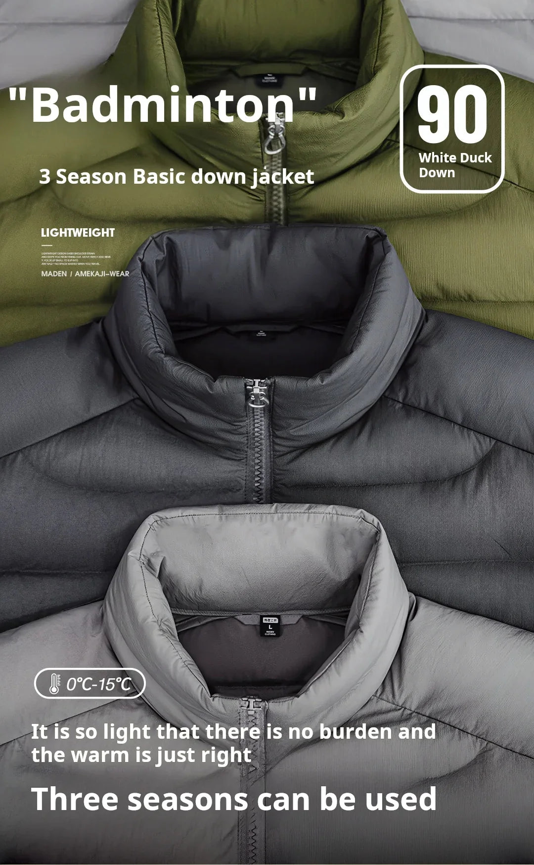 Winter Men's Stand-up Collar Down Jacket Lightweight Hydrophobic White Duck Down Filling Coat Warm Inner Layer for Fall