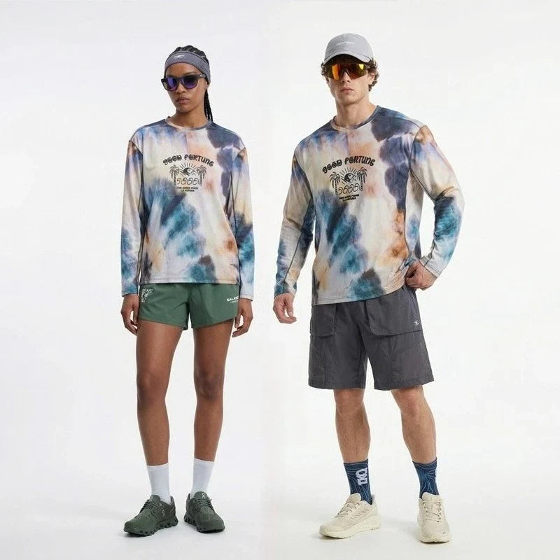 Men's Long Sleeve Sports T-Shirt Quick Dry Stretch Athletic Base Layer Ink Digital Printing Workout Running Top Unisex