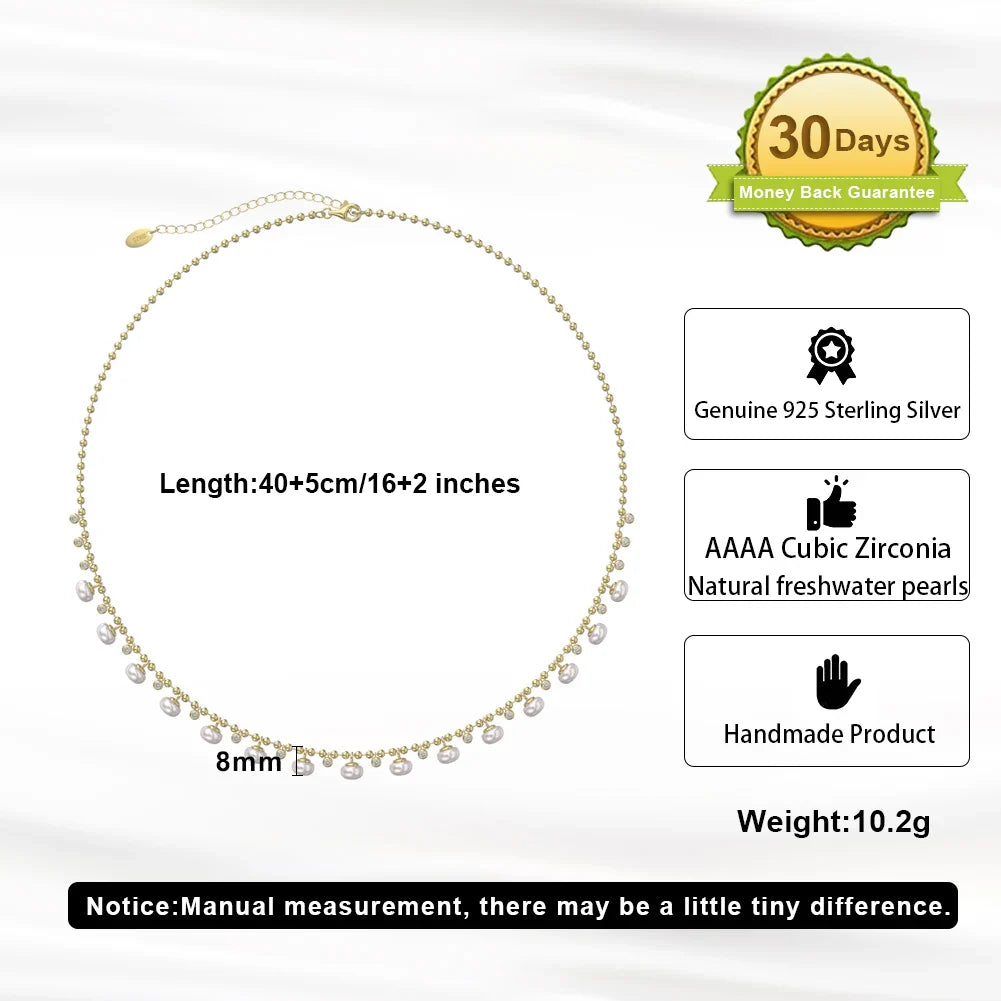 Unique 925 Sterling Silver Ball Bead Necklace with Natural Pearls Vintage Choker Neck Chain for Women Jewelry GPN37