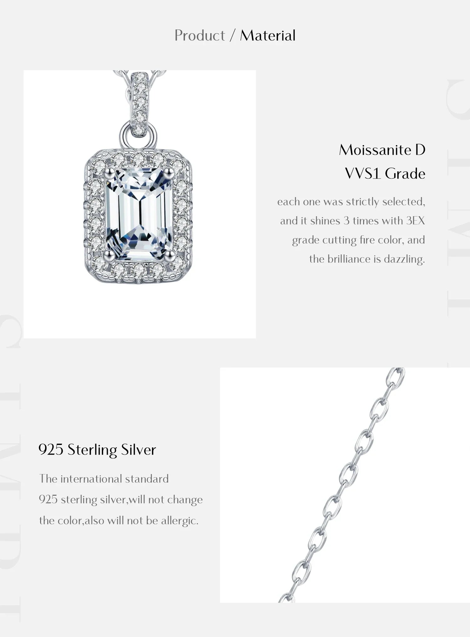 1CT D Color Emerald Cut Moissanite Halo Necklace 925 Sterling Silver Rectangle Wedding Pendant Necklace For Women Jewelry