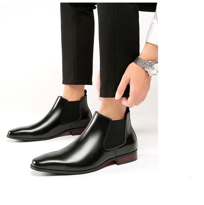 Elegant Simple Men Leather Boots Long Tip Square Toe British Chelsea Boots for Men Formal Business Luxury Shoes Spring Winter